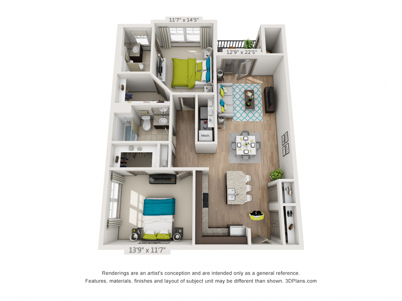 Floor plan for 2 beds, 2 baths, 1078 sqft